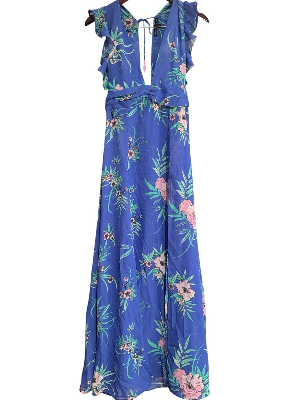 America & Beyond Blue Floral Maxi Dress Ruffle Sleeve Boho Tie Waist Size S
